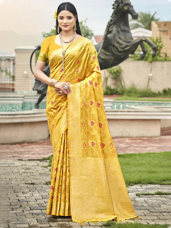 Women Yellow Organza Saree With Un Stitched Blouse - Aanika Elegant Lace Blouse