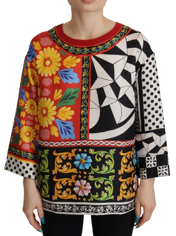 Dolce & Gabbana Silk Baroque Floral Round Neck Women's Blouse Short Sleeve Blouse