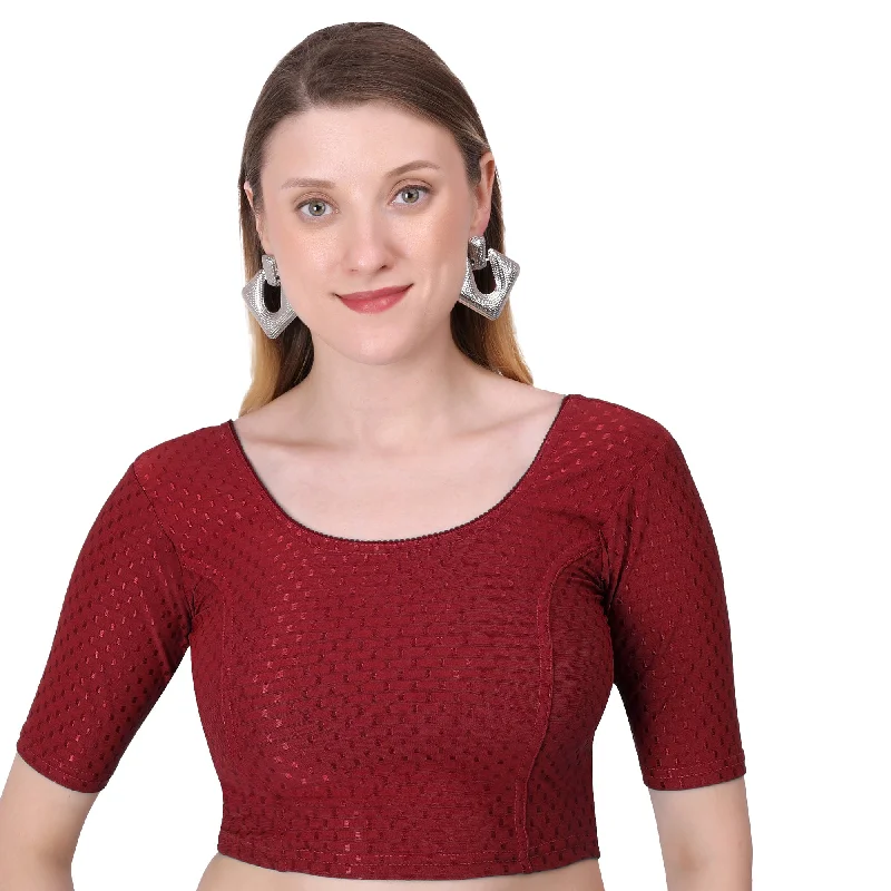 Vamika Cotton Lycra Stretchable Fabric Maroon Stretchable Blouse Ruffled Neck Blouse Vamika Cotton Lycra Stretchable Fabric Maroon Stretchable Blouse Ruffled Neck Blouse