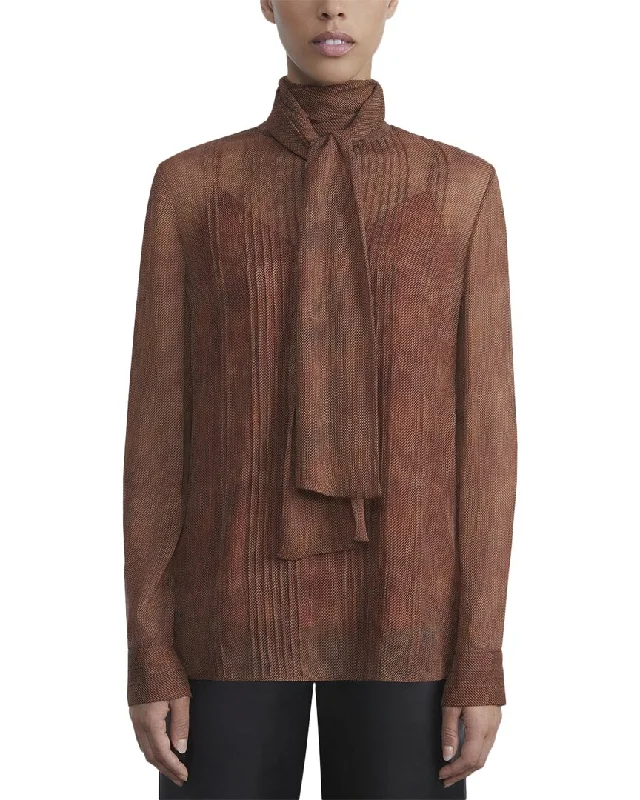 Lafayette 148 New York Pintuck Bow Silk Blouse Cotton Casual Blouse