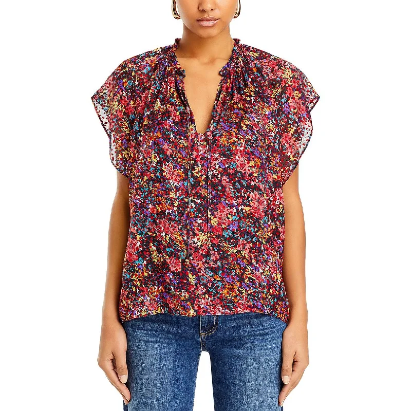 Womens Floral Print Ruffled Blouse Elegant Embroidery Blouse