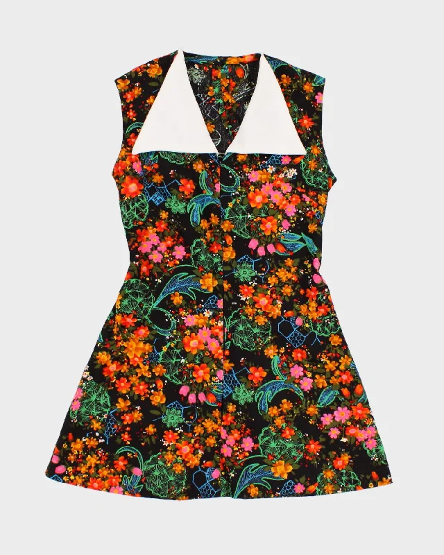 Vintage 70s Handmade Floral Mini Dress - S Elegant Lace-Up Mini Dress