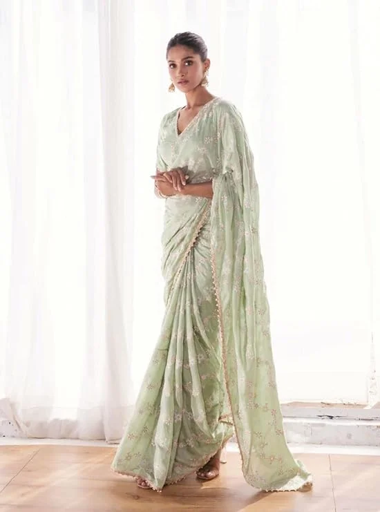 NOZ2TOZ Women's Party Wear Sequence Embroidery Worked Georgette Saree With Unstitched Blouse - Pista Green Short Sleeve Blouse NOZ2TOZ Women's Party Wear Sequence Embroidery Worked Georgette Saree With Unstitched Blouse - Pista Green Short Sleeve Blouse