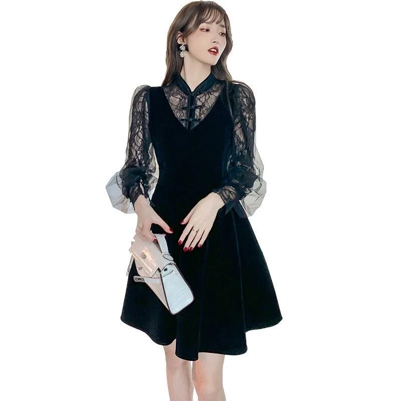 Elegant Black Velvet Club Mini Dress Chic Mini Dress with V-Neck