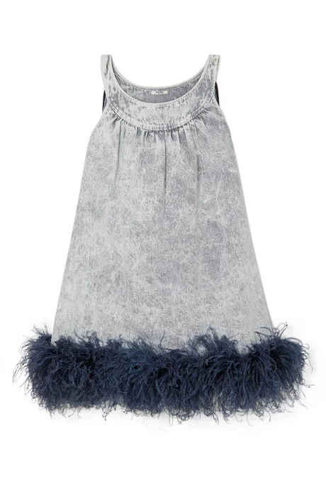 Feather-trimmed embroidered denim mini dress Trendy Bodycon Mini Dress