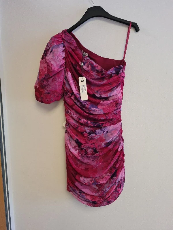 Chi Chi Watercolour One Shoulder Puff Sleeve Mini Dress Burgundy Size 12 V502 Casual Mini Dress with Pockets