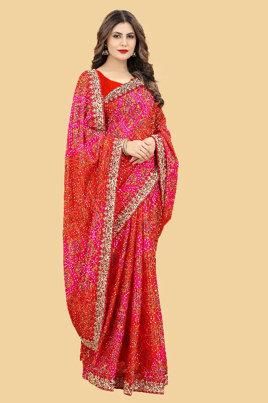 NOZ2TOZ Women's Party Wear Bandhej Print Chinon Saree Silk With Unstitched Blouse - Red Loose Fit Blouse NOZ2TOZ Women's Party Wear Bandhej Print Chinon Saree Silk With Unstitched Blouse - Red Loose Fit Blouse