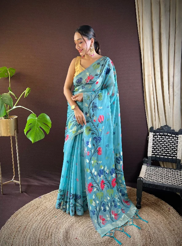 NOZ2TOZ Women's Party Wear Handloom Weaving Work Soft Cotton Saree With Unstitched Blouse - Sky Blue Stretchy Fitted Blouse NOZ2TOZ Women's Party Wear Handloom Weaving Work Soft Cotton Saree With Unstitched Blouse - Sky Blue Stretchy Fitted Blouse
