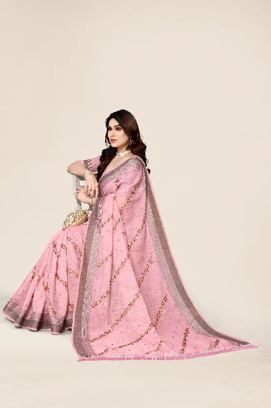 NOZ2TOZ Women's Party Wear Full Embroidery Worked Cotton Saree With Unstitched Blouse - Pink Feminine Ruffle Blouse NOZ2TOZ Women's Party Wear Full Embroidery Worked Cotton Saree With Unstitched Blouse - Pink Feminine Ruffle Blouse