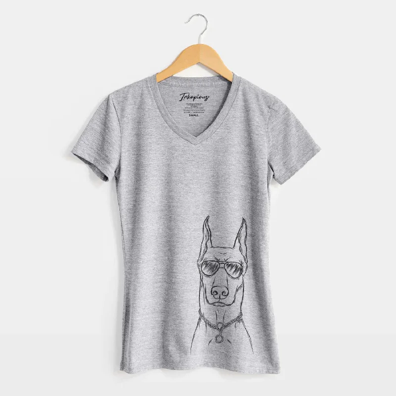 Aviator Ace the Doberman Pinscher - Women's V-neck Shirt-- Anti-Pilling Machine Wash Handmade Aviator Ace the Doberman Pinscher - Women's V-neck Shirt-- Anti-Pilling Machine Wash Handmade