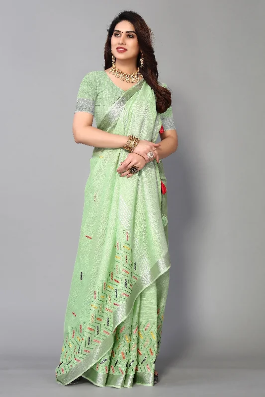 NOZ2TOZ Women's Party Wear Thread Embroidered Linen Cotton Saree With Unstitched Blouse - Pista Green Lightweight Linen Blouse NOZ2TOZ Women's Party Wear Thread Embroidered Linen Cotton Saree With Unstitched Blouse - Pista Green Lightweight Linen Blouse
