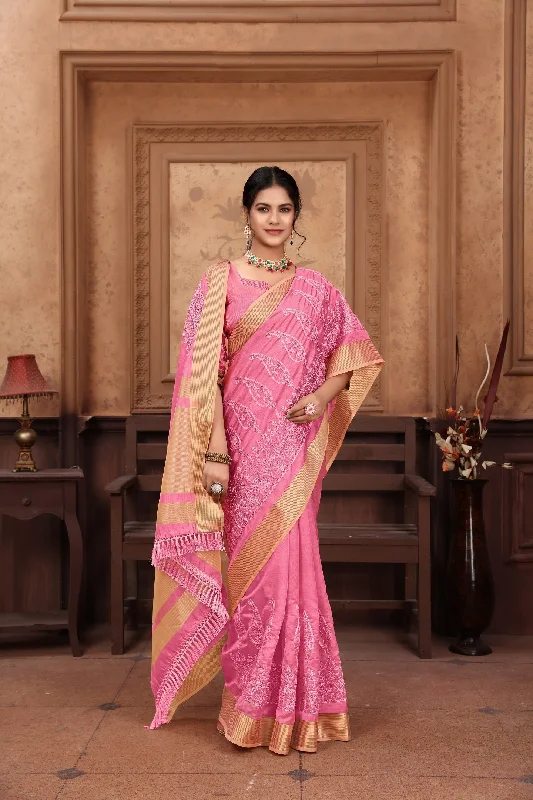 NOZ2TOZ Women's Party Wear Embroidery Worked Cotton Saree With Unstitched Blouse - Pink Asymmetric Hem Blouse NOZ2TOZ Women's Party Wear Embroidery Worked Cotton Saree With Unstitched Blouse - Pink Asymmetric Hem Blouse