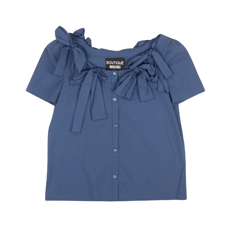 BOUTIQUE MOSCHINO Blue Bow Accented Short Sleeve Blouse Airy Cotton Blouse