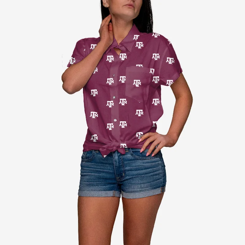 Texas A&M Aggies Logo Blast Womens Button Up Shirt-- Asymmetrical Pockets Print