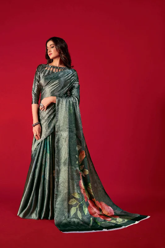 Sonakshi Women's Multicolor Digital Printed Satin Crepe Saree with Blouse Ruched Sleeve Blouse Sonakshi Women's Multicolor Digital Printed Satin Crepe Saree with Blouse Ruched Sleeve Blouse