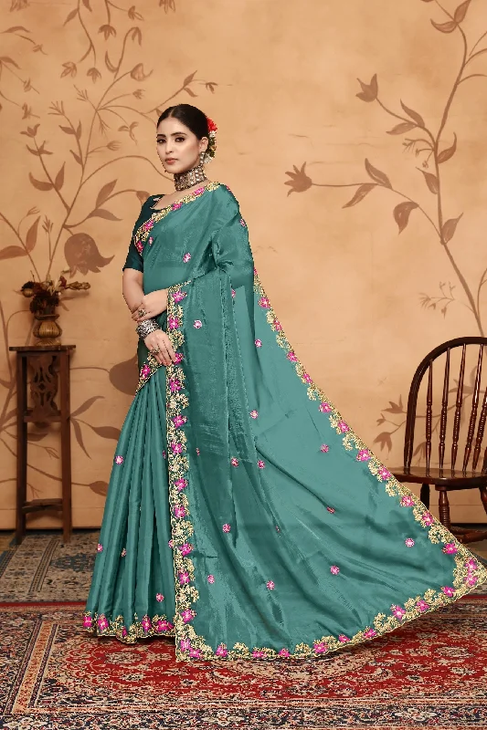 NOZ2TOZ Women's Party Wear Double Sequence Embroidery Worked Jimmy Choo Silk Saree With Unstitched Blouse - Green Soft Modal Blouse NOZ2TOZ Women's Party Wear Double Sequence Embroidery Worked Jimmy Choo Silk Saree With Unstitched Blouse - Green Soft Modal Blouse