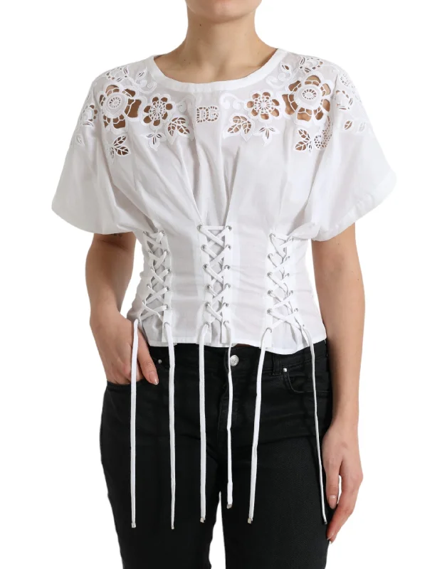 Dolce & Gabbana Elegant White Floral Lace-Up Women's Blouse Lightweight Tunic Blouse