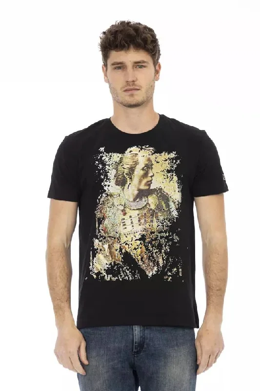 Black Cotton Men T-shirt-- Solid Color Striped Floral