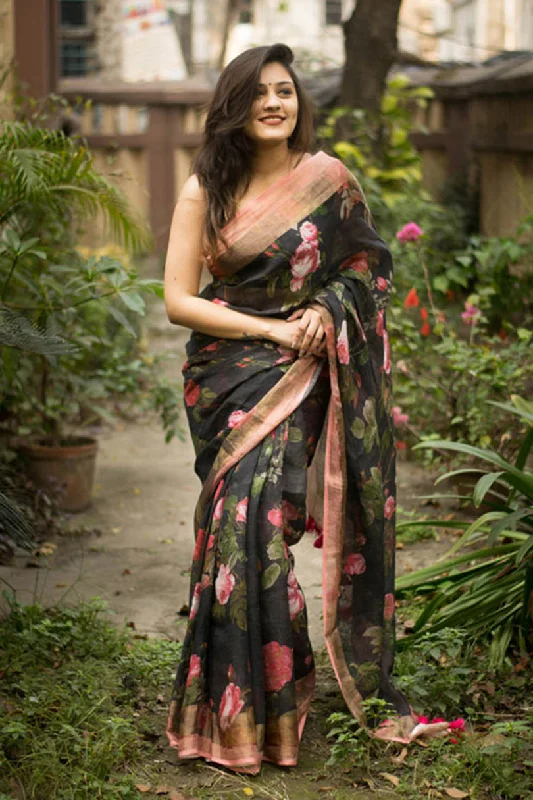 Sonakshi Black Digital Printed Munnar Slub Designer Saree with Blouse Lightweight Tunic Blouse Sonakshi Black Digital Printed Munnar Slub Designer Saree with Blouse Lightweight Tunic Blouse