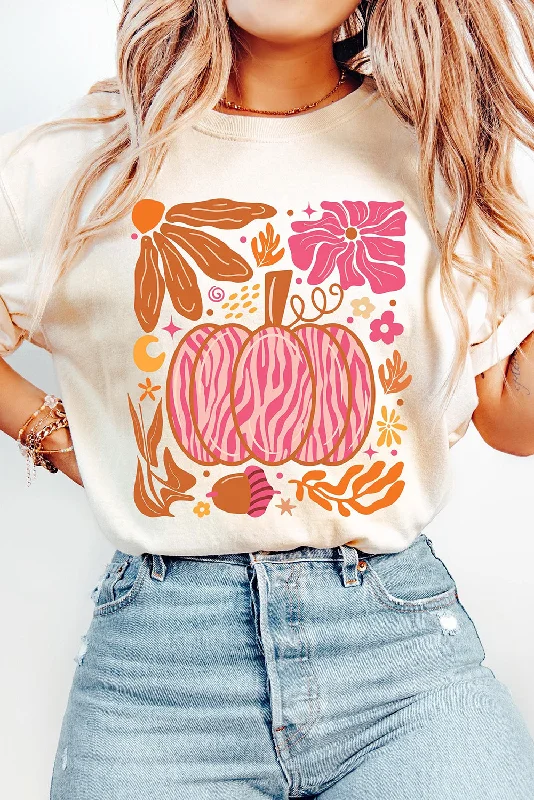 White Floral Pumpkin Printed Crewneck Thanksgiving T Shirt-- Real Fur Shearling Chenille White Floral Pumpkin Printed Crewneck Thanksgiving T Shirt-- Real Fur Shearling Chenille
