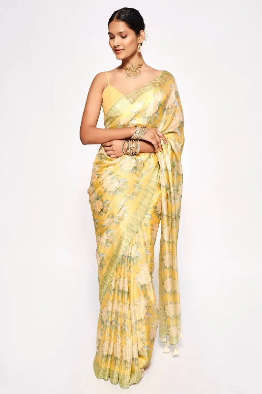 Sonakshi Yellow Embroidery with Digital Printed Pure Chinon Designer Saree with Blouse Embroidered Cotton Blouse Sonakshi Yellow Embroidery with Digital Printed Pure Chinon Designer Saree with Blouse Embroidered Cotton Blouse