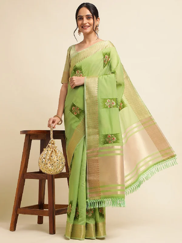 NOZ2TOZ Women's Party Wear Embroidery Worked Cotton Linen Saree With Unstitched Blouse - Green Embellished Collar Blouse NOZ2TOZ Women's Party Wear Embroidery Worked Cotton Linen Saree With Unstitched Blouse - Green Embellished Collar Blouse