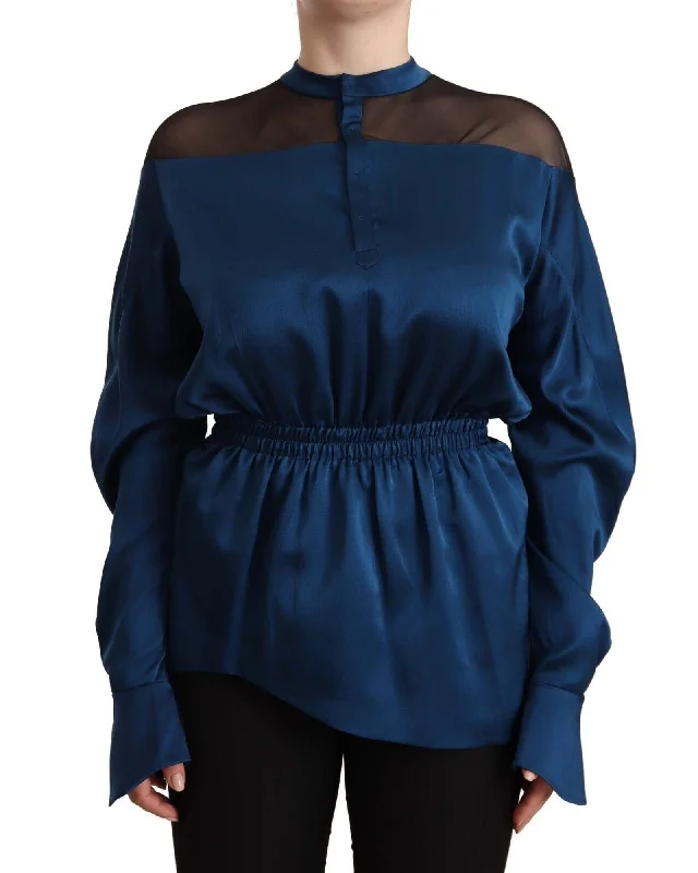 Masha Ma  TSH7440 Blue Silk Blouse with Mesh Panel Airy Cotton Blouse