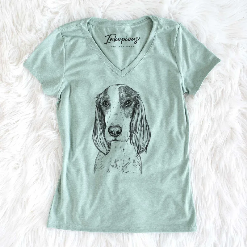 Bare Aline the Irish Red and White Setter - Women's V-neck Shirt-- Striped Floral Plaid Bare Aline the Irish Red and White Setter - Women's V-neck Shirt-- Striped Floral Plaid
