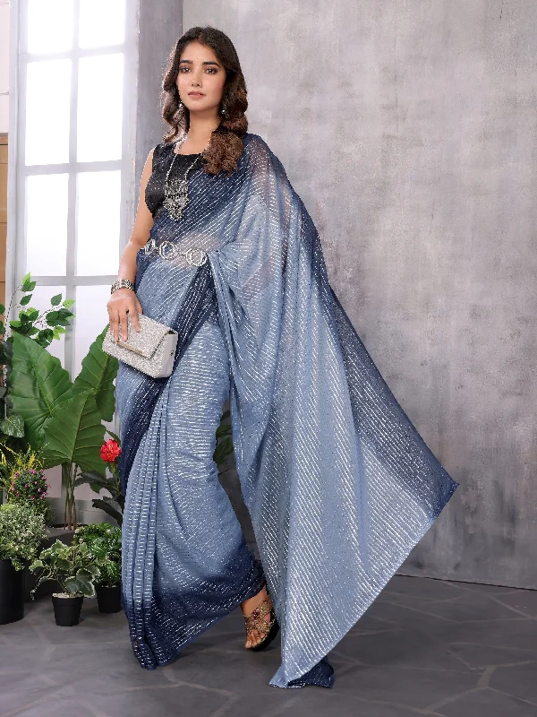NOZ2TOZ Women's Party Wear Jari Weaving Worked Ready To Wear Saree With Unstitched Blouse - Grey Sleeveless Chiffon Blouse NOZ2TOZ Women's Party Wear Jari Weaving Worked Ready To Wear Saree With Unstitched Blouse - Grey Sleeveless Chiffon Blouse