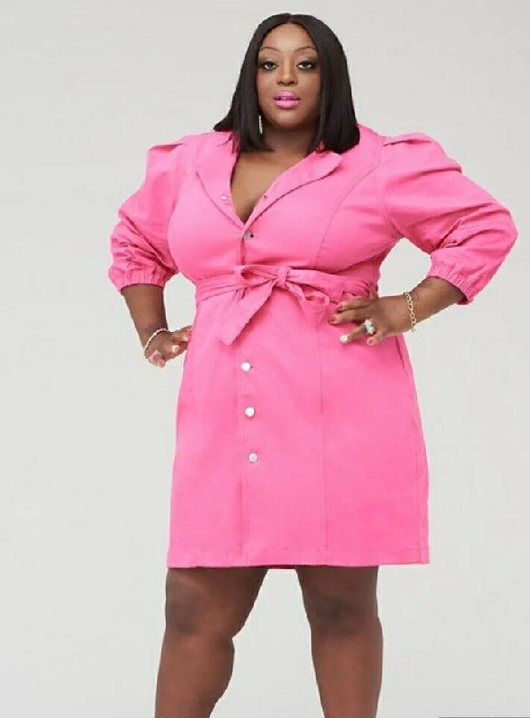 Puff Sleeve Denim Mini Dress Pink Uk26****Ref V492 Fashionable Polka Dot Mini Dress