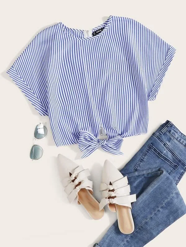 Vertical Striped Knot Hem Zip Back Blouse Elegant Silk Blouse