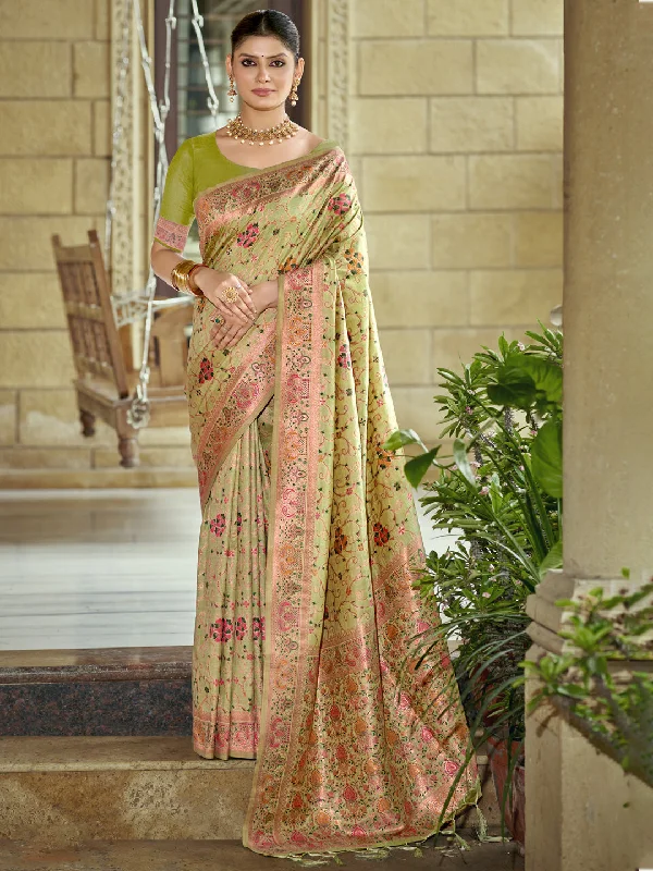 Women Light Green Silk Saree With Un Stitched Blouse - Aanika Feminine Puff Blouse