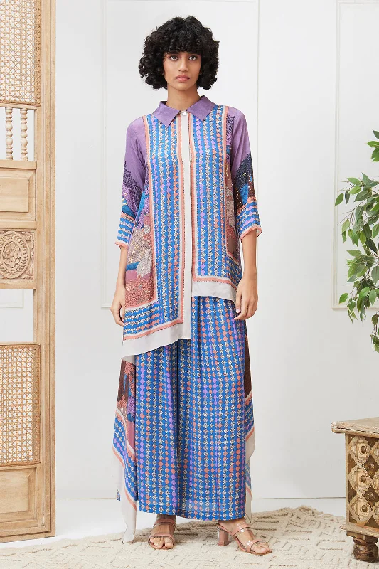 Benazir Printed High-low Shirt With Pant-- Collared Crew Neck Turtle Neck