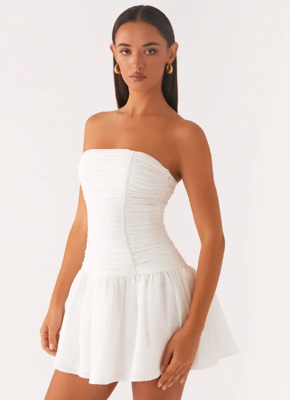 Meadow Dreams Mini Dress - White Cozy Ruched Mini Dress