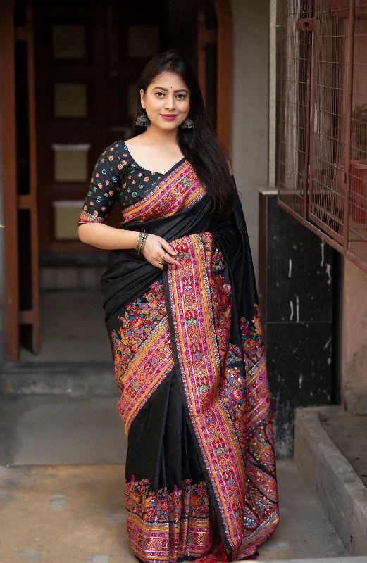 NOZ2TOZ Women's Party Wear Weaving Work Kashmiri Cotton Saree With Unstitched Blouse - Black Soft Satin Blouse