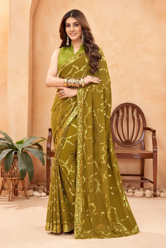 Sonakshi Women's Olive Green Faux Blooming Sequins Work Designer Saree with Blouse Elegant Office Blouse Sonakshi Women's Olive Green Faux Blooming Sequins Work Designer Saree with Blouse Elegant Office Blouse
