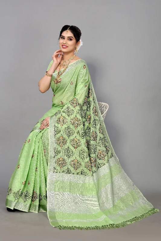 NOZ2TOZ Women's Party Wear Full Embroidery Worked Cotton Silk Saree With Unstitched Blouse - Pista Green Feminine Pastel Blouse NOZ2TOZ Women's Party Wear Full Embroidery Worked Cotton Silk Saree With Unstitched Blouse - Pista Green Feminine Pastel Blouse