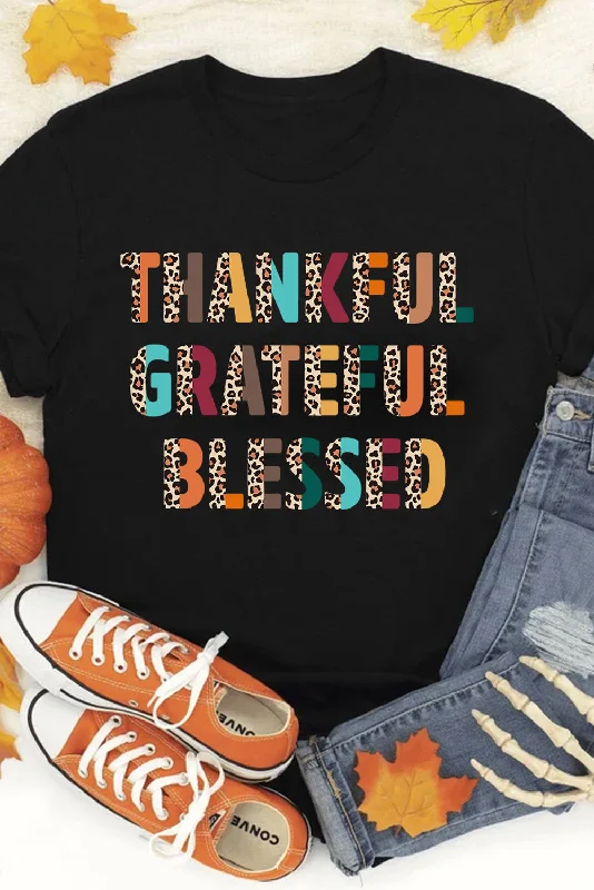 Black Thankful Grateful Blessed Leopard Print Crewneck T Shirt-- Boxy Fit Fitted Loose Black Thankful Grateful Blessed Leopard Print Crewneck T Shirt-- Boxy Fit Fitted Loose