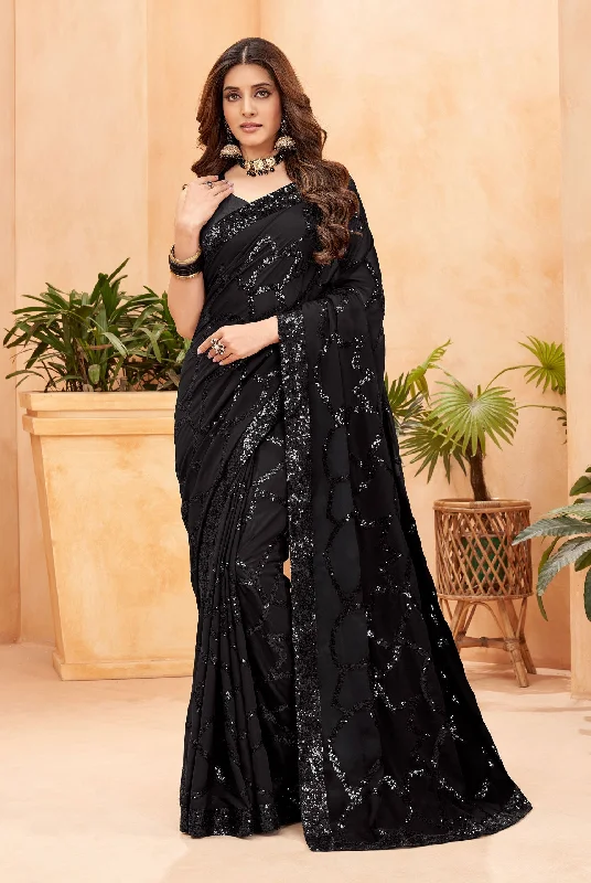 Sonakshi Women's Black Faux Blooming Sequins Work Designer Saree with Blouse Oversized Silk Blouse Sonakshi Women's Black Faux Blooming Sequins Work Designer Saree with Blouse Oversized Silk Blouse