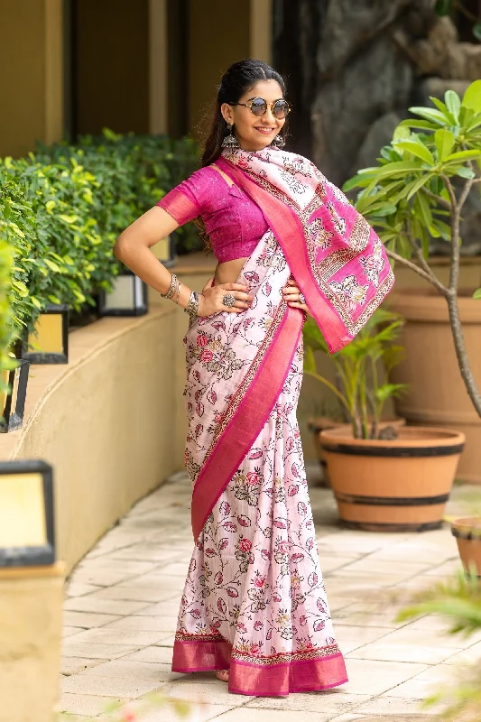 NOZ2TOZ Women's Party Wear Cotton Jari Patta Saree With Unstitched Blouse - White Floral Print Blouse NOZ2TOZ Women's Party Wear Cotton Jari Patta Saree With Unstitched Blouse - White Floral Print Blouse