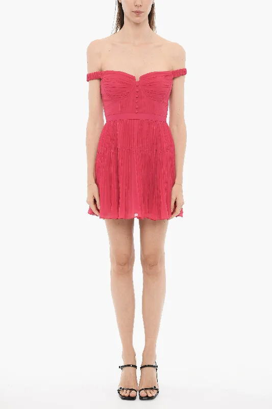 Self-Portrait Pleated Chiffon Mini Dress Fashionable Mini Dress with Slits