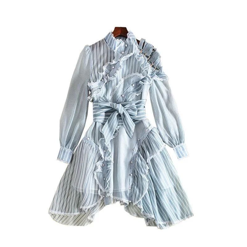 Street Wear Striped Ruffles Off Shoulder Lantern Sleeve Belt High Waist Asymmetrical Mini Dress Trendy Cut-Out Mini Dress Street Wear Striped Ruffles Off Shoulder Lantern Sleeve Belt High Waist Asymmetrical Mini Dress Trendy Cut-Out Mini Dress