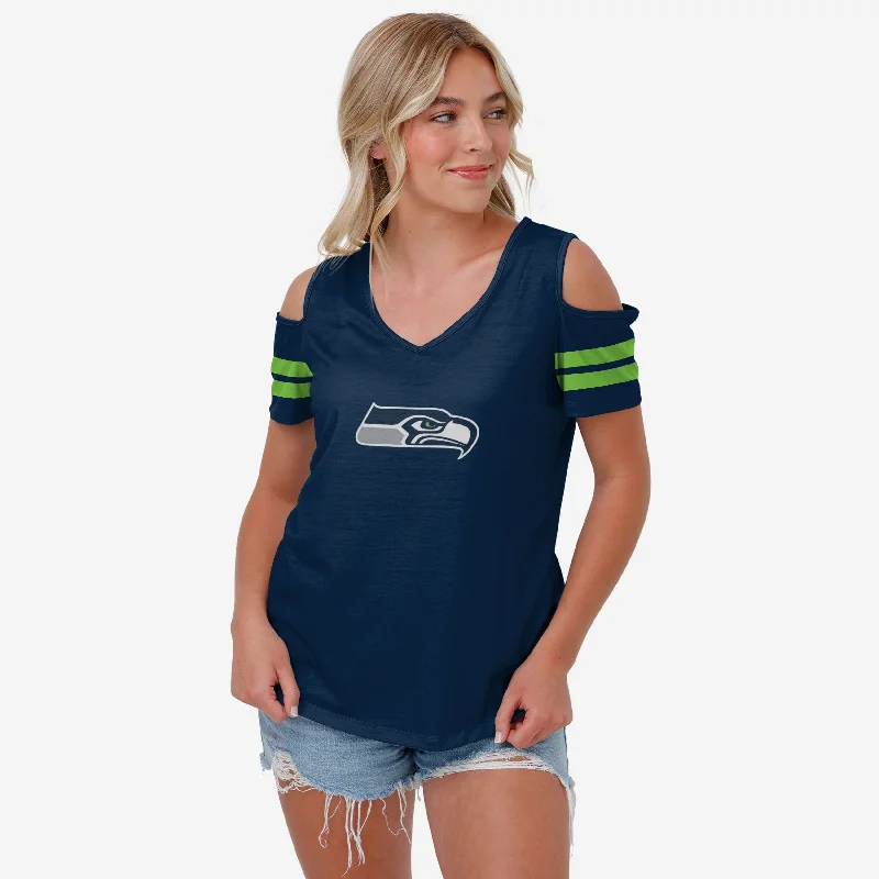 Seattle Seahawks Womens Cold Shoulder T-Shirt-- Houndstooth Herringbone Solid