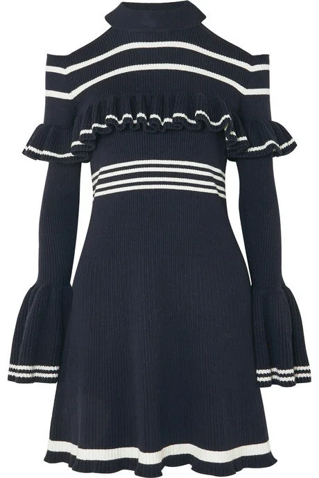 Cold-shoulder ruffled striped ribbed-knit mini dress Chic Pleated Mini Dress