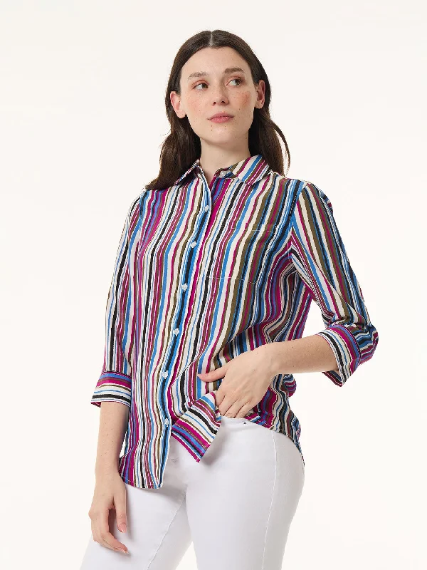 Petite Striped Button Front Collared Shirt, Crepe de Chine-- Rayon Velvet Corduroy