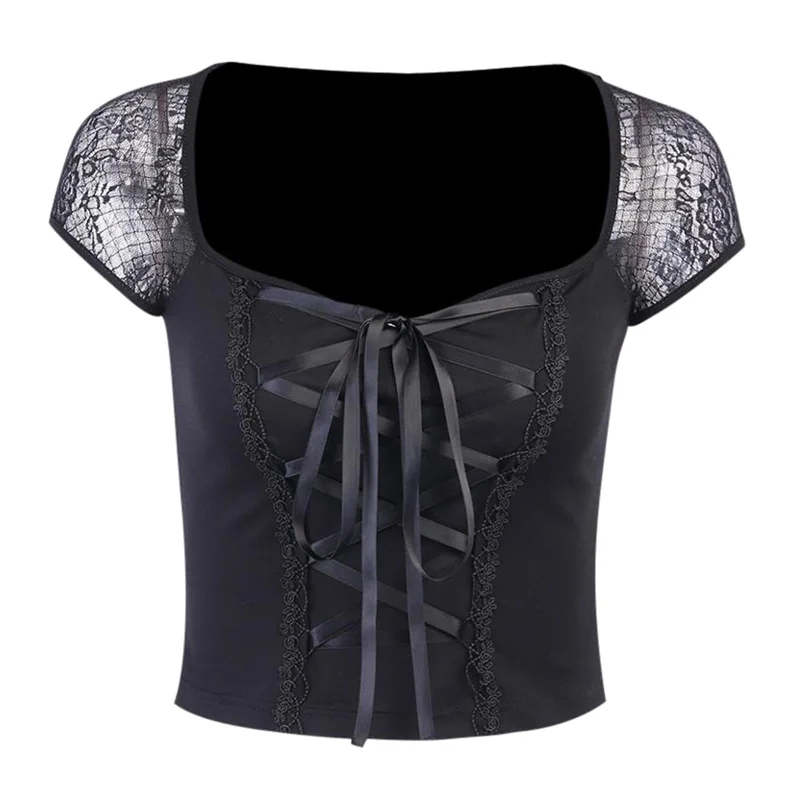 Maxbell Maxbell Vintage Tops Goth T-shirt Women Sexy Bandage Lace T-shirts Gothic Top S-- Spandex Blend Rayon Blend Denim Blend Maxbell Maxbell Vintage Tops Goth T-shirt Women Sexy Bandage Lace T-shirts Gothic Top S-- Spandex Blend Rayon Blend Denim Blend