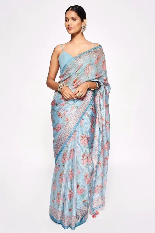 Sonakshi Blue Embroidery with Digital Printed Pure Chinon Designer Saree with Blouse Satin Bow Blouse Sonakshi Blue Embroidery with Digital Printed Pure Chinon Designer Saree with Blouse Satin Bow Blouse