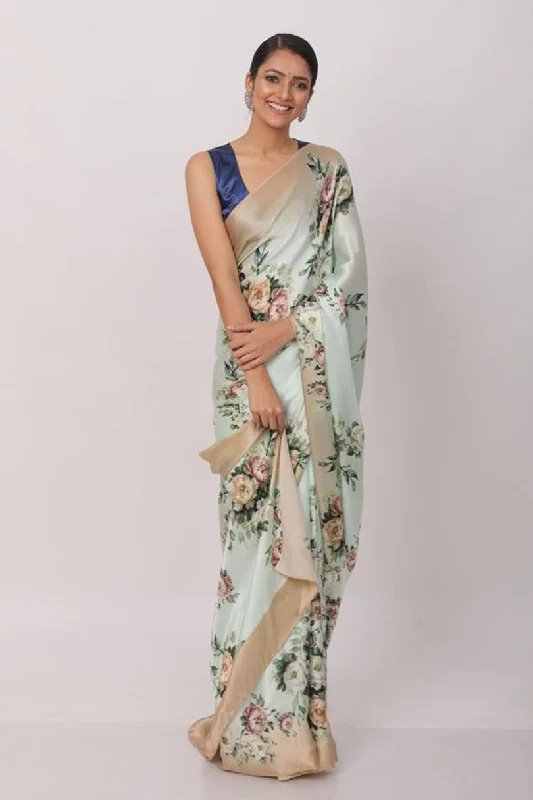 Sonakshi Sea Green Digital Printed Pure Japan Satin Saree with Blouse Feminine Pastel Blouse Sonakshi Sea Green Digital Printed Pure Japan Satin Saree with Blouse Feminine Pastel Blouse