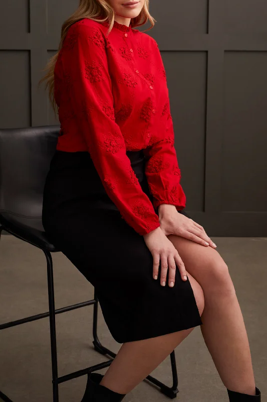 LONG SLEEVE BUTTON FRONT BLOUSE W/RUFFLE COLLAR - SCARLET Silky Draped Blouse