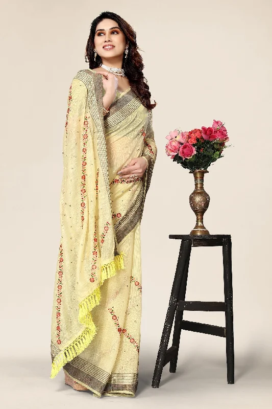 NOZ2TOZ Women's Party Wear Full Embroidery Worked Cotton Saree With Unstitched Blouse - Yellow Delicate Pleat Blouse NOZ2TOZ Women's Party Wear Full Embroidery Worked Cotton Saree With Unstitched Blouse - Yellow Delicate Pleat Blouse
